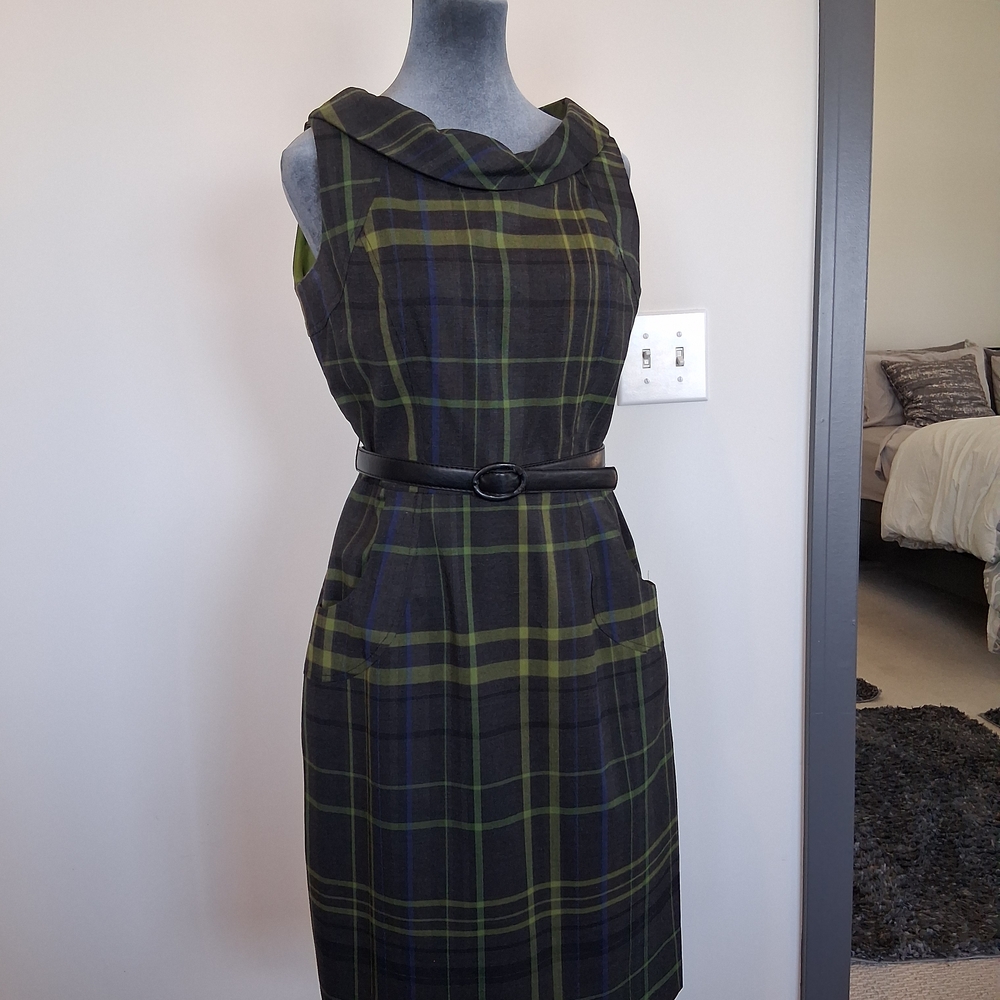 R&K Green and Blue Plaid Midi Dress with Belt